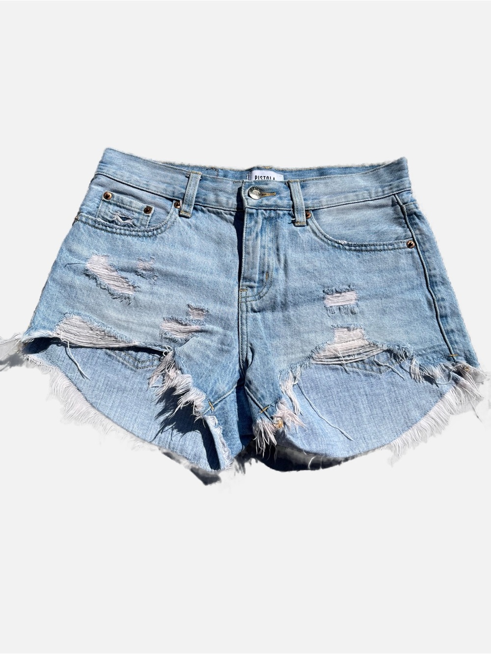 pistola High Rise Light Blue Distressed Denim Cutoff Shorts 24